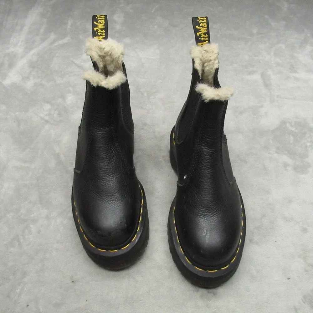 Dr Martens Unisex W5 M4 Boots Black‎ Leather Quad Platform Lug Faux Fur Chelsea